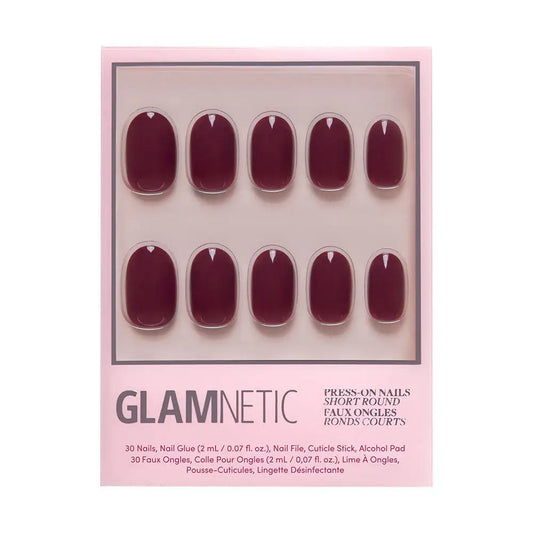Glamnetic Berry Maroon press-on nails with a glossy finish and rounded shape, perfect for stylish, quick manicures.