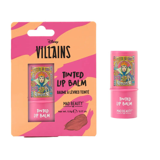 Mad Beauty Wicked Villains Evil Queen tinted lip balm in a compact case, featuring dark purple packaging and product inside.