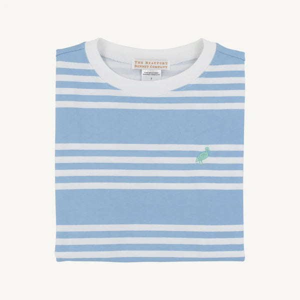 The Beaufort Bonnet Company Saddle Ridge Stripe Carter Crewneck in Sarasota Sky and Gibson Island Green, folded on a white background.