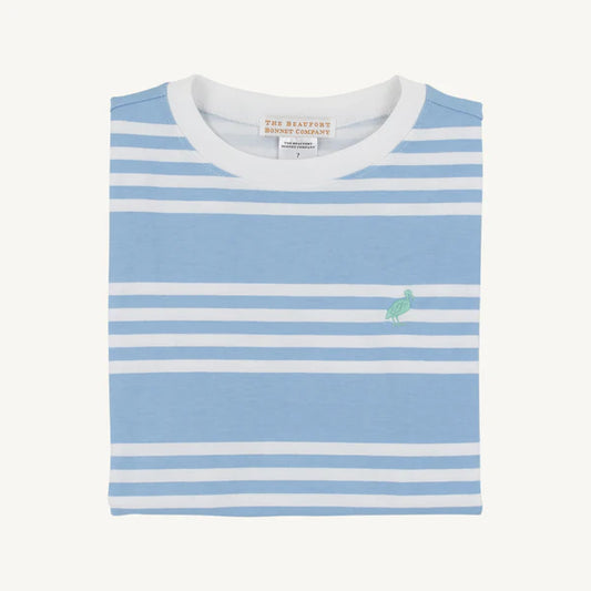 The Beaufort Bonnet Company Saddle Ridge Stripe Carter Crewneck in Sarasota Sky and Gibson Island Green, folded on a white background.
