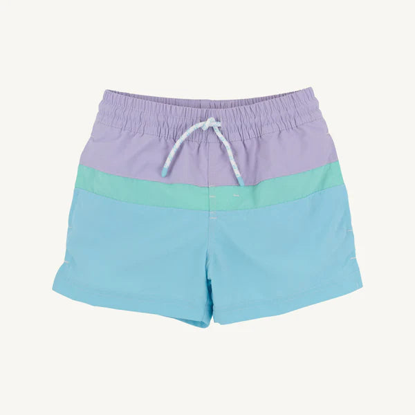 Lauderdale Lavender and Turks Teal colorblock trunks by The Beaufort Bonnet Company featuring blue country club style design.