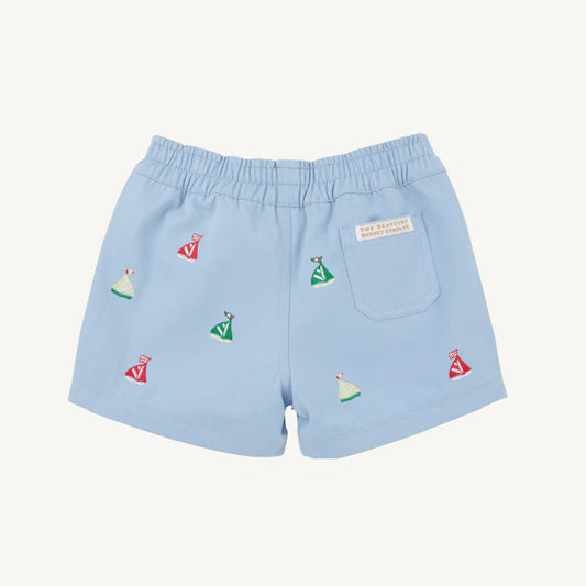 Back view of Beale Street Blue Critter Sheffield Shorts by The Beaufort Bonnet Company featuring sailboat print and relaxed fit.
