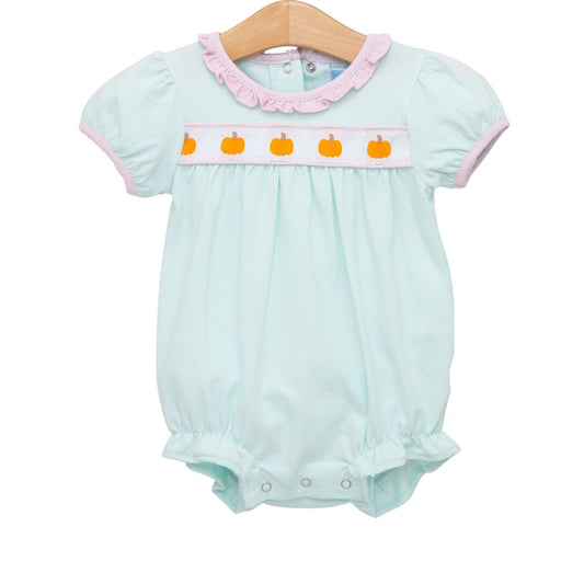 Trotter Street Pumpkin Rowe Ruffle Bubble dress with ruffled neckline and bubble silhouette, in vibrant pumpkin orange.