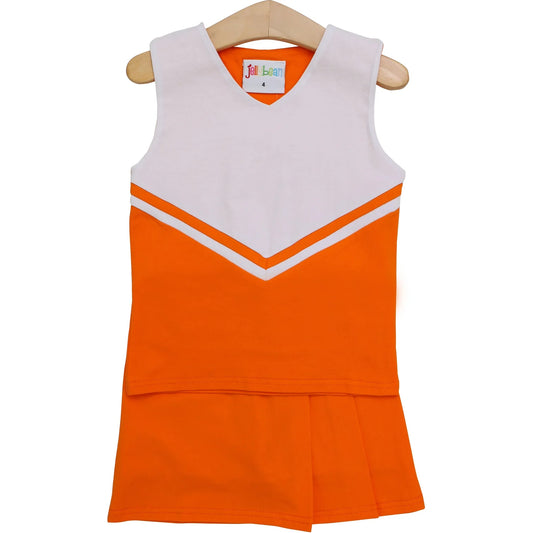 Orange and white cheer uniform skort set by Jellybean, featuring a sporty design with matching top and skirt for cheerleading activities.