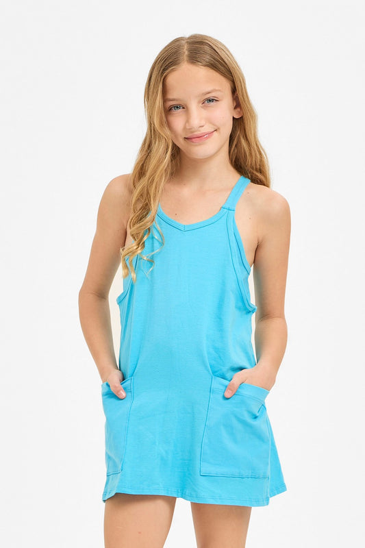 Good Girl Aqua Romper Dress, sleeveless, lightweight fabric, and vibrant blue color, displayed on a hanger.