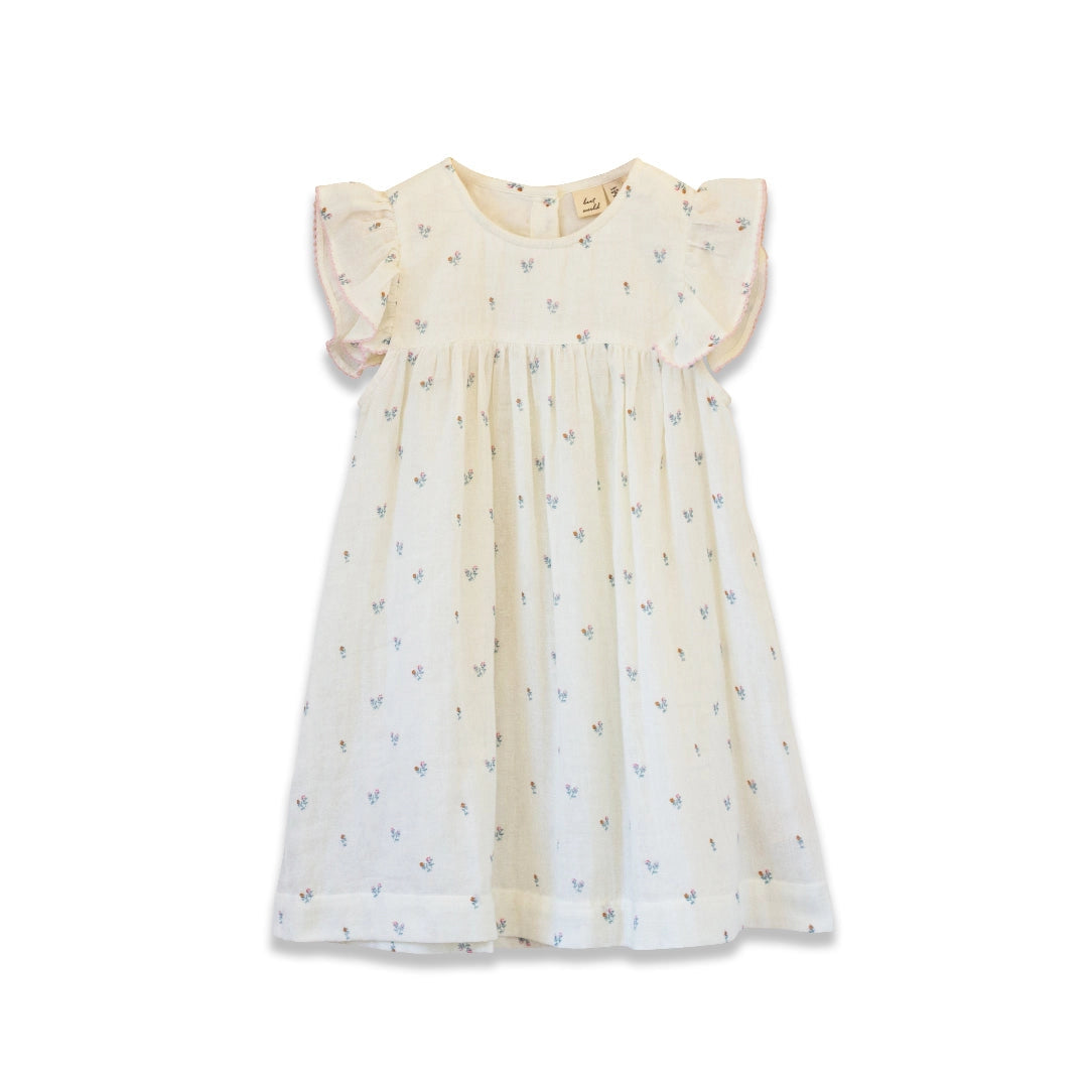 Petit Floret Girls Hannah Dress with Flutter Sleeves by Beet World, featuring a charming floral design and delicate flutter sleeves.