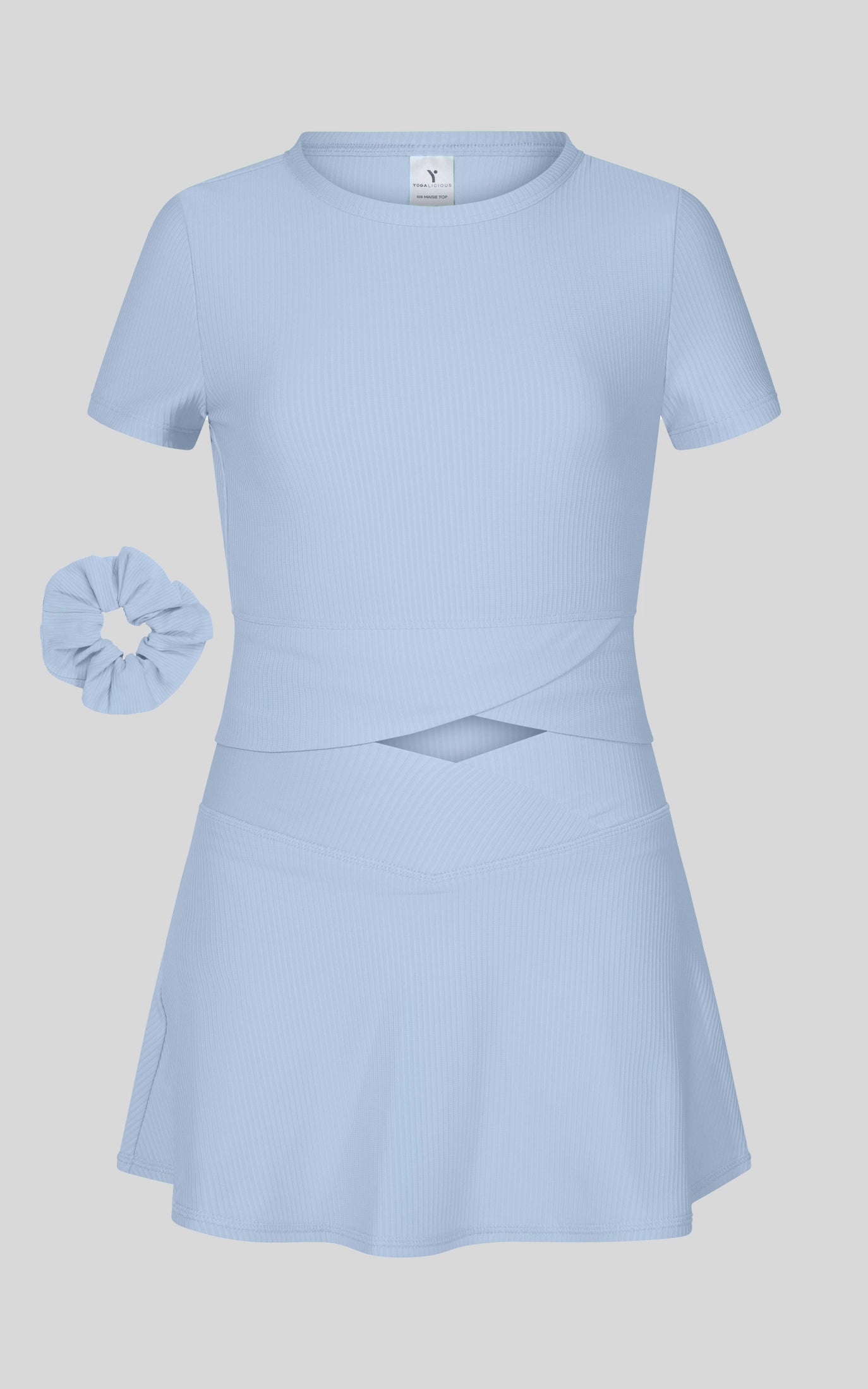 Powder blue ribbed Marie crossover top and matching skort set by 90 Degree by Reflex, stylish and comfortable activewear ensemble.