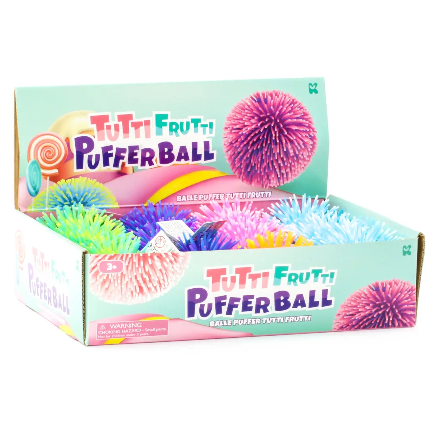 Colorful Tutti Frutti Puffer Ball Toy by Keycraft with bright, textured surface for sensory play and fun squeezing.
