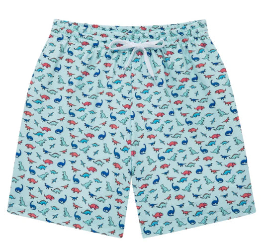 Bright blue Dino swim trunks by Meripex featuring colorful dinosaur prints, perfect for kids' summer swimming activities.