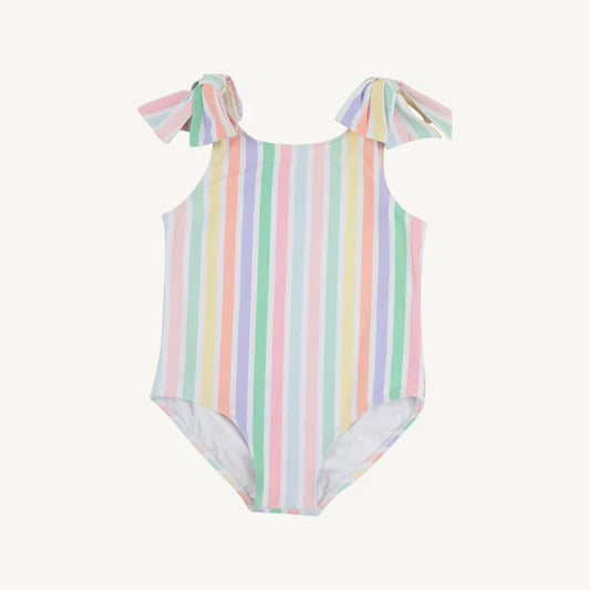Southampton Stripe Edisto Beach bathing suit from The Beaufort Bonnet Company featuring navy and white stripes on a child's swimsuit.