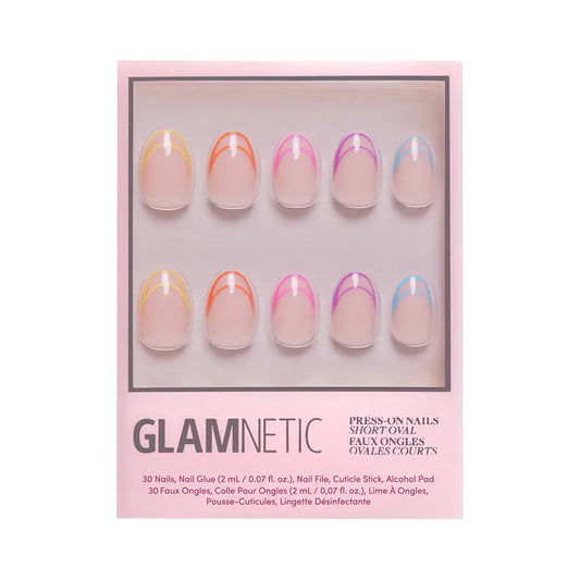 Glamnetic Neon Lights press-on nails, short oval shape with multicolor French design on a natural hand model.