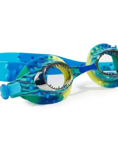 Prehistoric Dino-Mite swim goggles for children by Bling2o featuring colorful dinosaur designs and adjustable straps.