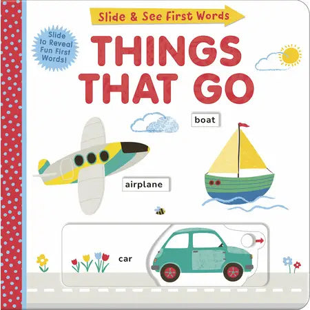 Colorful sliding and see-through toy featuring various vehicles and animals, designed for young children by Penguin Random House LLC.