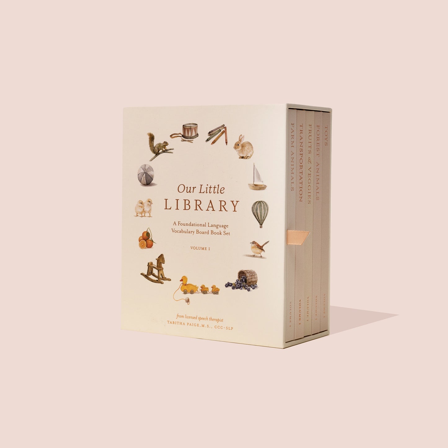 Set of five children's board books from Our Little Library Vol. 1 by Paige Tate & Co., colorful covers displayed.