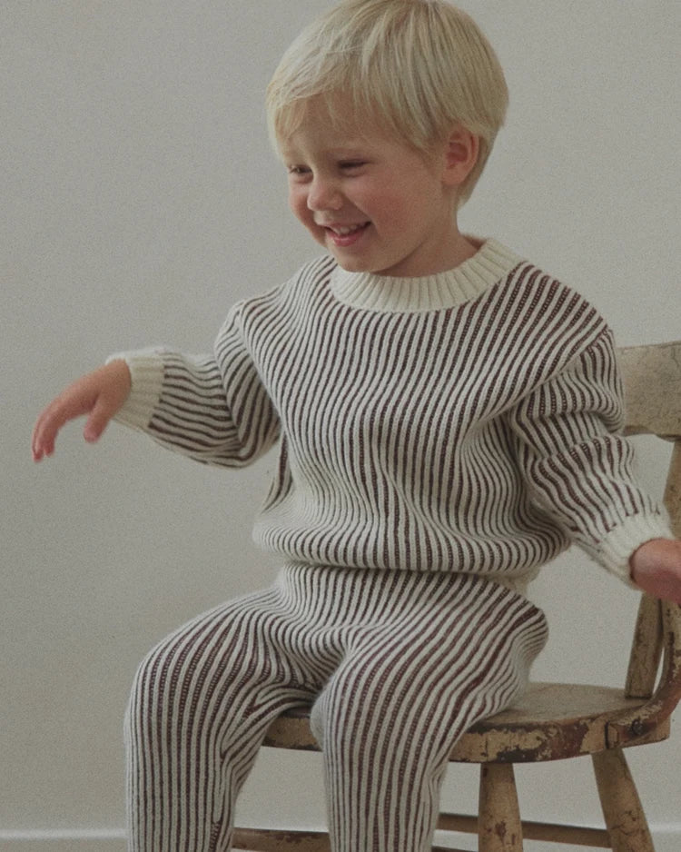 Quincy Mae Midnight Stripe Relaxed Knit Sweater with soft fabric and relaxed fit, featuring navy and white stripe pattern.