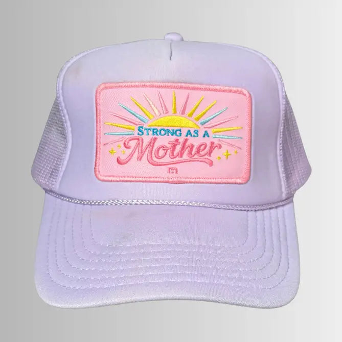Lavender Strong As A Mother® Sun Trucker Hat by Mother Hats with adjustable strap and mesh back for sun protection and style.
