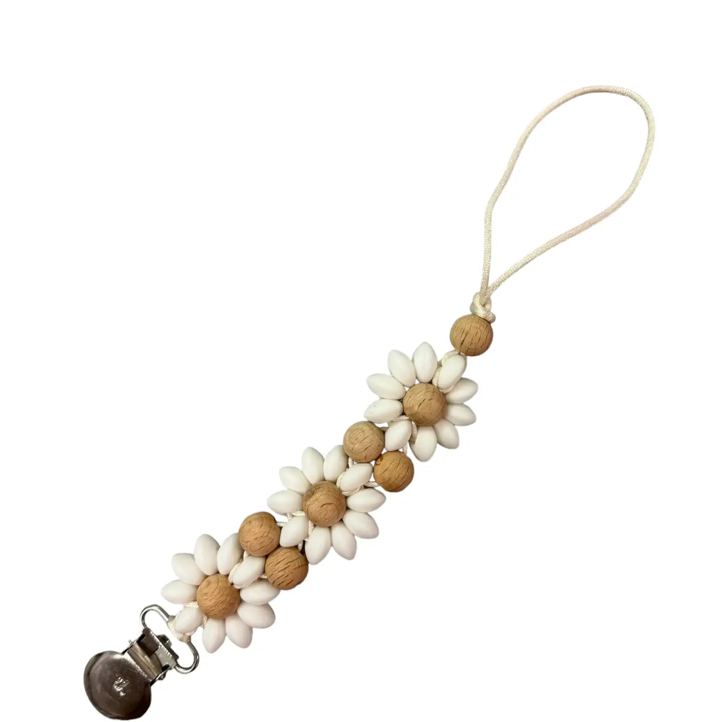 Olivia Paci Clip by Three Hearts with beech wood and silicone, featuring a cute design for securely holding pacifiers.