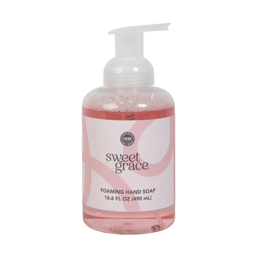 Bridgewater Candle Company's Sweet Grace foaming hand soap in a clear pump bottle with a floral label and white soap foam.