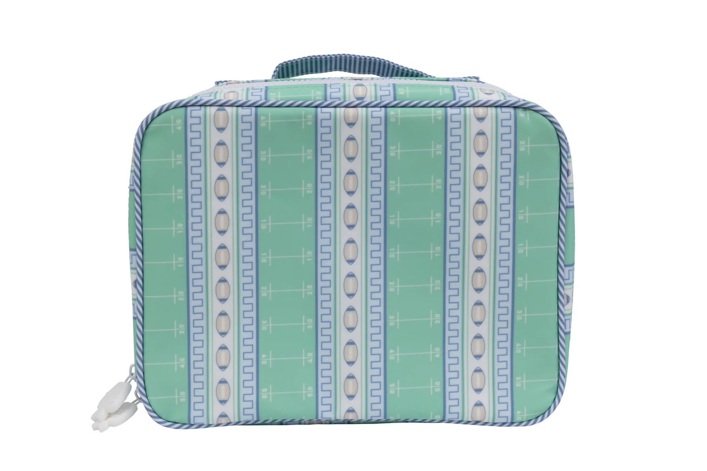 Apple of My Isla football-shaped lunchbox with vibrant colors and sturdy design, ideal for kids' school lunches.