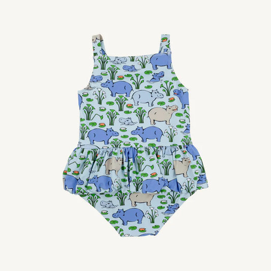 Bal Harbour Hippo Grace Bay bathing suit by The Beaufort Bonnet Company, blue with hippo print, back view.