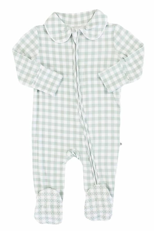 Green gingham Peter Pan collar zipper footie for babies by Caden Lane, featuring soft fabric and adorable design.