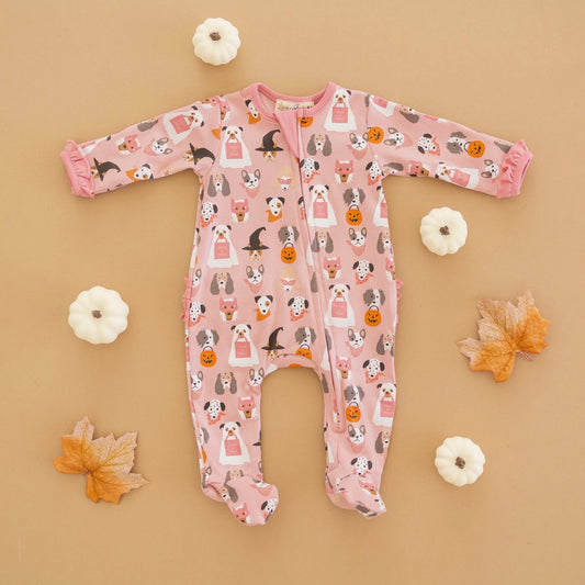 Halloween Hounds Dusty Rose Ruffle Zipper Footie