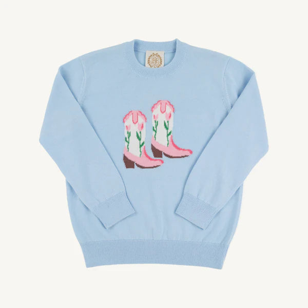Isabelle's Buckhead Blue Intarsia Sweater with Boot applique by The Beaufort Bonnet Company, featuring a cozy knit design.