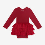 Posh Peanut - Solid Ribbed - Dark Red - Long Sleeve Tulle Skirt Bodysuit