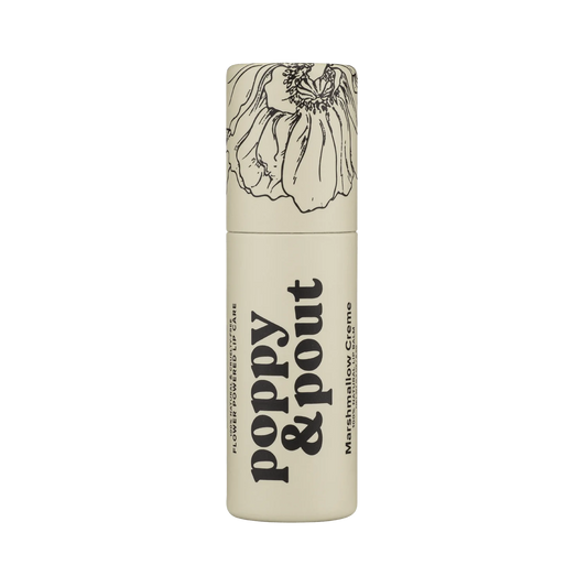 Sweet E's Children's Boutique Poppy & Pout lip balm in marshmallow creme flavor, showing the smooth, rounded balm in a clear container