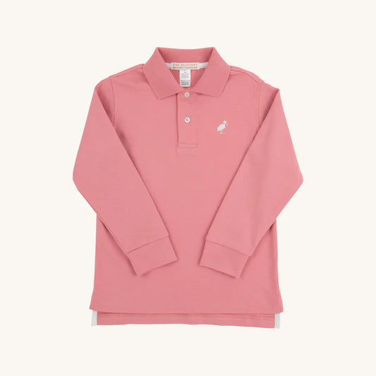 Long-sleeve Nantucket Red and Worth Avenue White Prim and Proper Polo by The Beaufort Bonnet Company showing classic collar and button details.