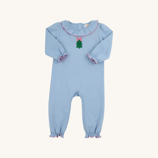 Barrington Blue Christmas Tree Long Sleeve Ramona Ruffle Romper