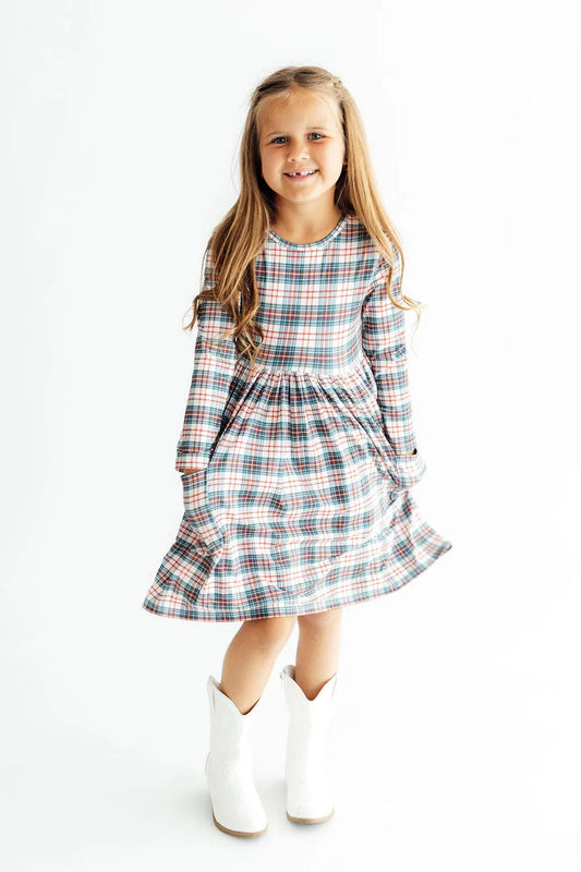 Mila & Rose Christmas plaid long-sleeve pocket twirl dress featuring a festive red and green tartan pattern for girls.