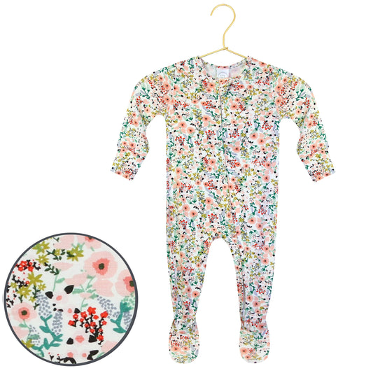 Lou Lou & Co Millie Zipper Footie, soft baby onesie with zipper detail, pink bubble pattern and cozy fabric for infants.