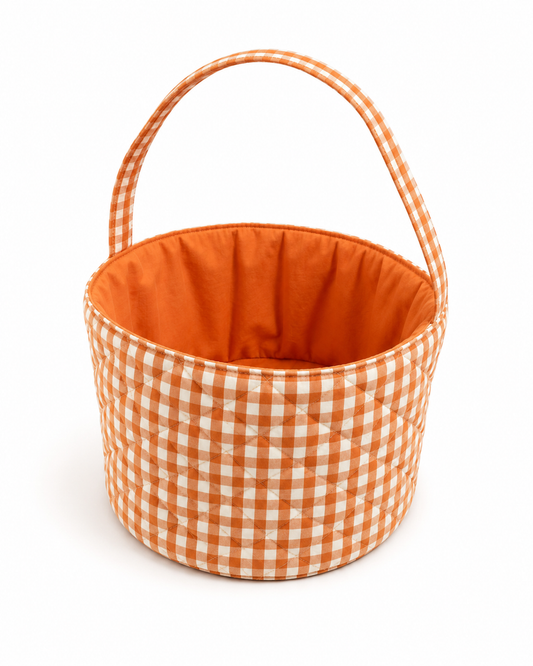Orange Gingham Basket by Zsa Zsa Lolli, featuring a woven fabric basket with orange and white gingham pattern.