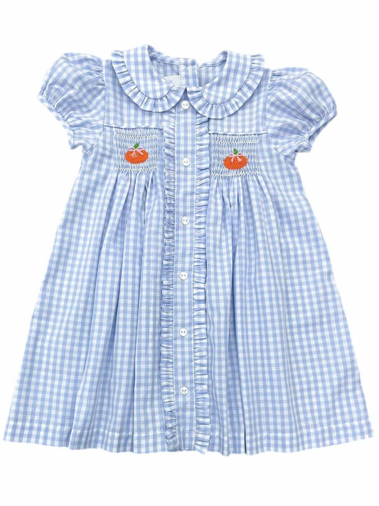 Smocked Pumpkins Blue Gingham Margeret Dress