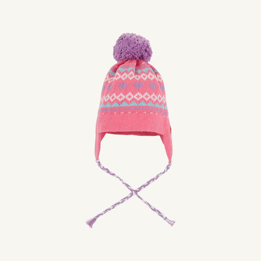 Pink winter pom pom hat with fairisle hearts pattern from The Beaufort Bonnet Company, featuring a cozy, knitted design for kids.