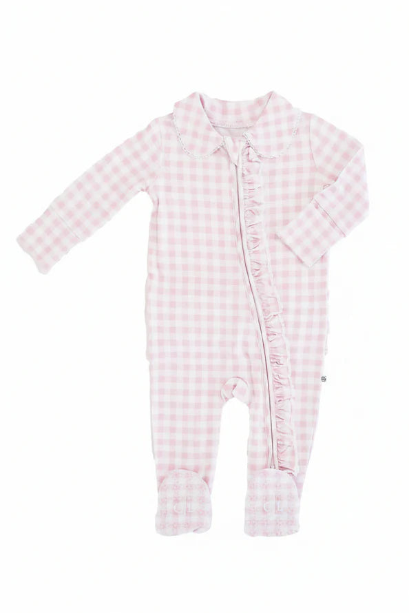 Rosy Gingham Peter Pan Collar Ruffle Zipper Footie