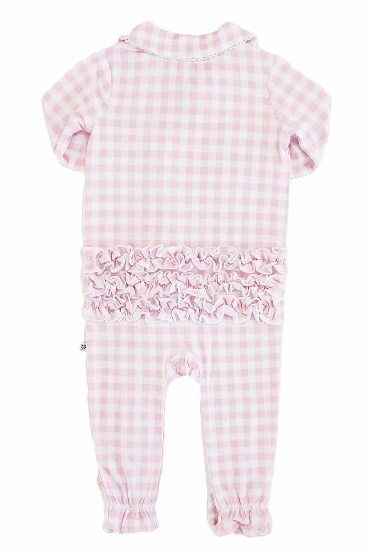 Rosy Gingham Peter Pan Collar Ruffle Zipper Footie