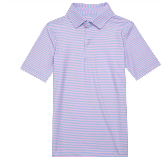 Pink and blue striped Meripex performance polo shirt with short sleeves and a classic collar.