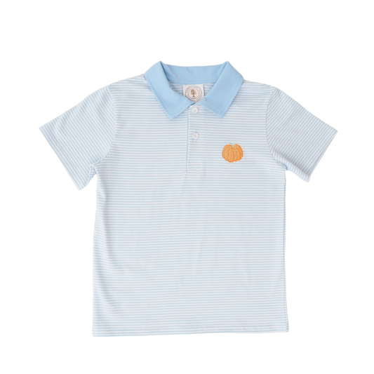 Cypress Row Pumpkin Row Porter Polo shirt featuring a classic polo design with pumpkin pattern on a white background.