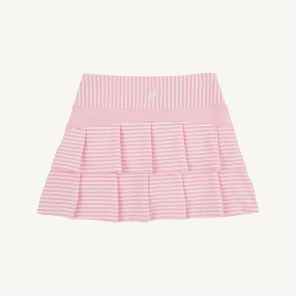 Pink and white striped Cindy Skort from Sandpearl Pink Stripe PrepleticTM collection by The Beaufort Bonnet Company, shown from back view.