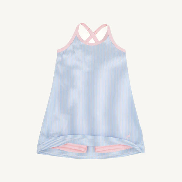 Little Miss Tennis Dress by The Beaufort Bonnet Company in blue seersucker with pink accents, featuring a cute palm print and shorts.