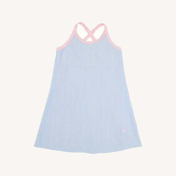 Little Miss Tennis Dress by The Beaufort Bonnet Company in blue seersucker with pink palm print, perfect for warm-weather play.