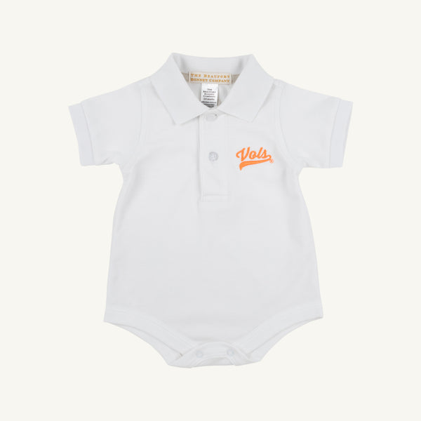 White prim and proper polo shirt for kids from Worth Ave, featuring Tennessee T logo, by The Beaufort Bonnet Company.