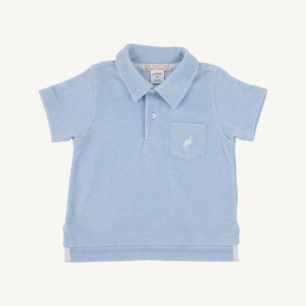 The Beaufort Bonnet Company Prim and Proper polo in Beale Street Blue and Worth Avenue White terrycloth, front view.