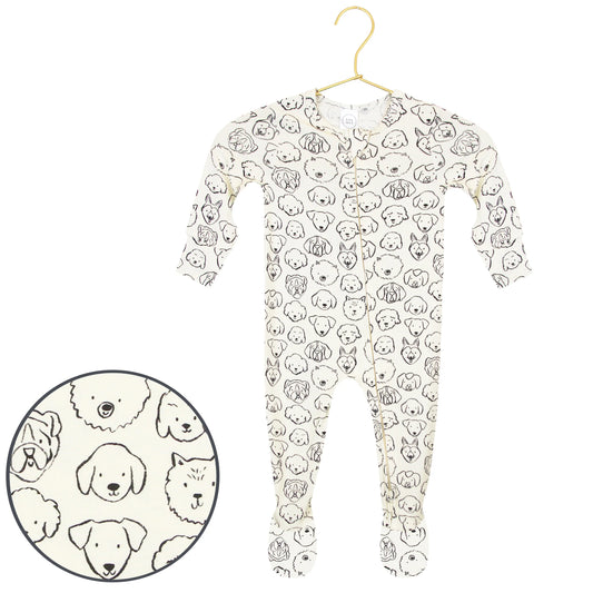 Cute puppies wearing Lou Lou & Co Dane Zipper Footie in cozy, soft fabric, perfect for adorable comfort and warmth.