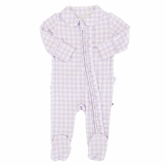 Lilac gingham Peter Pan collar ruffle zipper footie for babies by Caden Lane, purple and white checkered fabric with ruffle details.