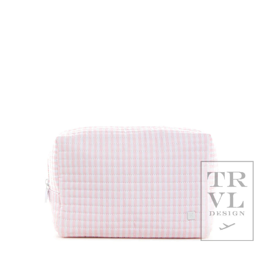 Pink quilted TRVL Designs Everyday bag with bundle including changer mat and accessories in Pimlico Stripe pattern.