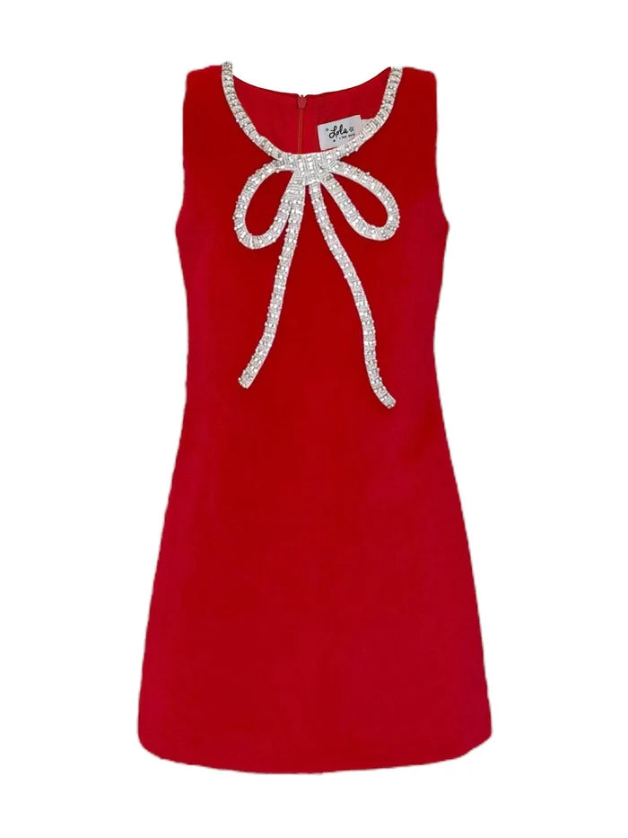 Red velvet princess dress with bow detail by Lola and The Boys, perfect for special occasions and dress-up.
