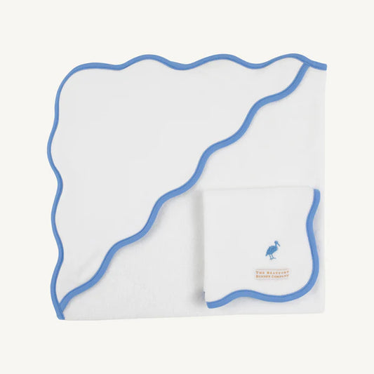 The Beaufort Bonnet Company Worth Avenue White with Barbados Blue Rub a Dub gift set featuring a white and blue bath accessory set.